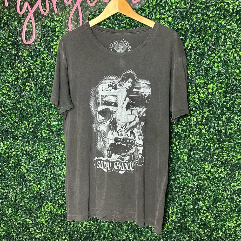 Social Republic Skull Hot Rod Graphic Tee Large Distressed Grunge